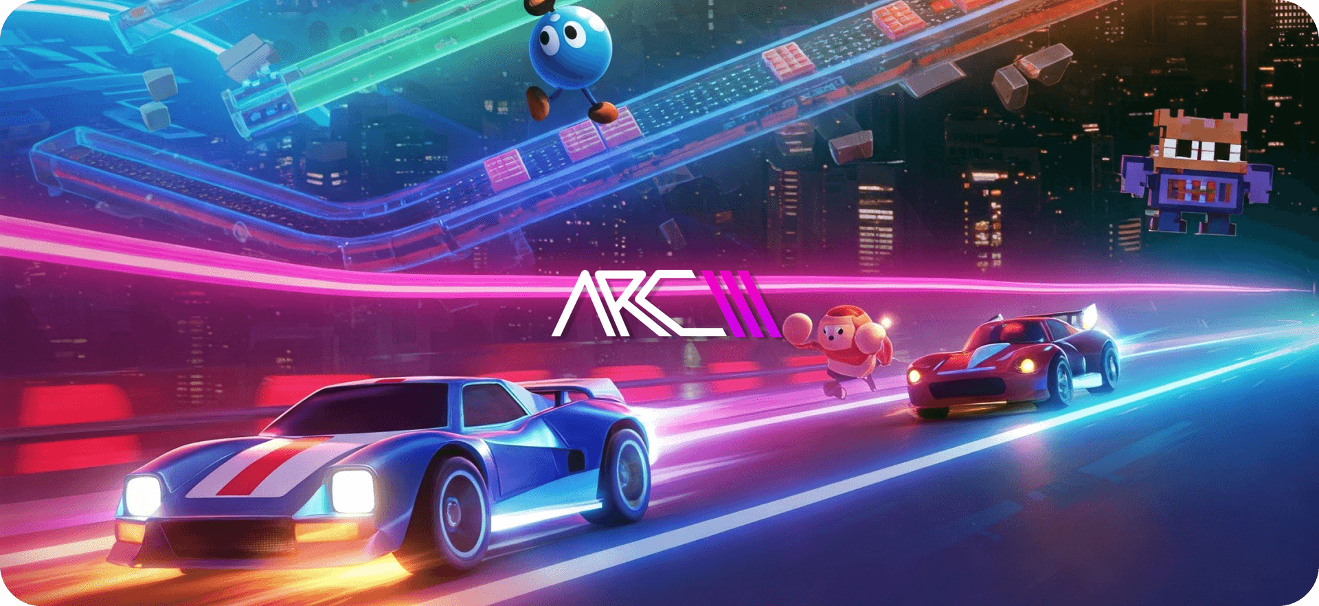 Cars riding on a arcade themed track with ARCD logo