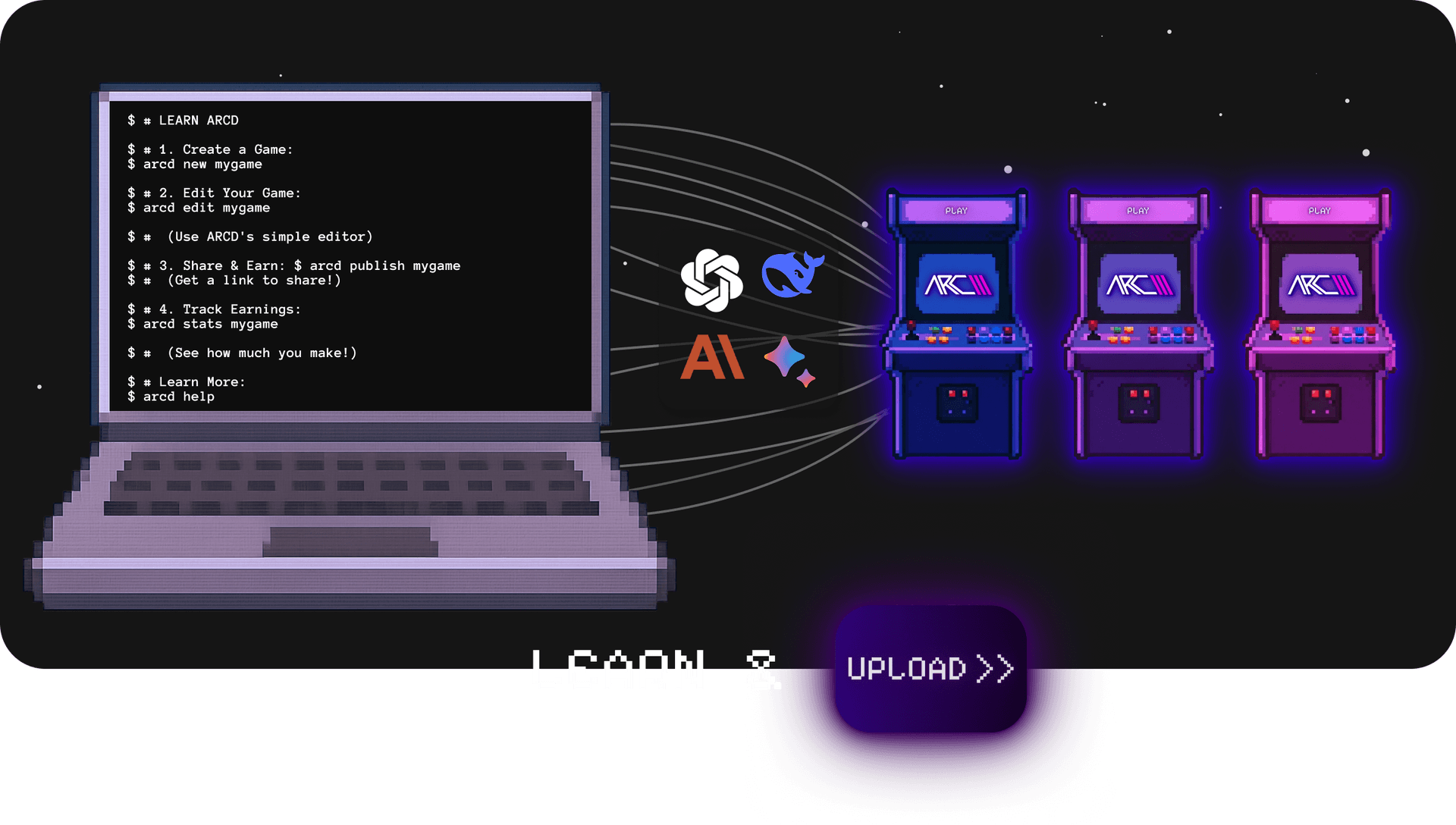 A laptop connected to arcade machines